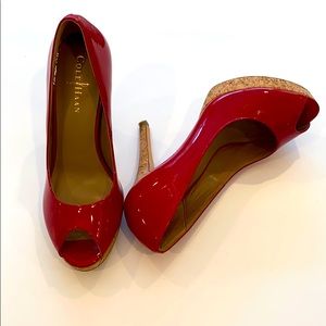 COLE HAAN RED PATENT LEATHER PEEP TOE SHOES